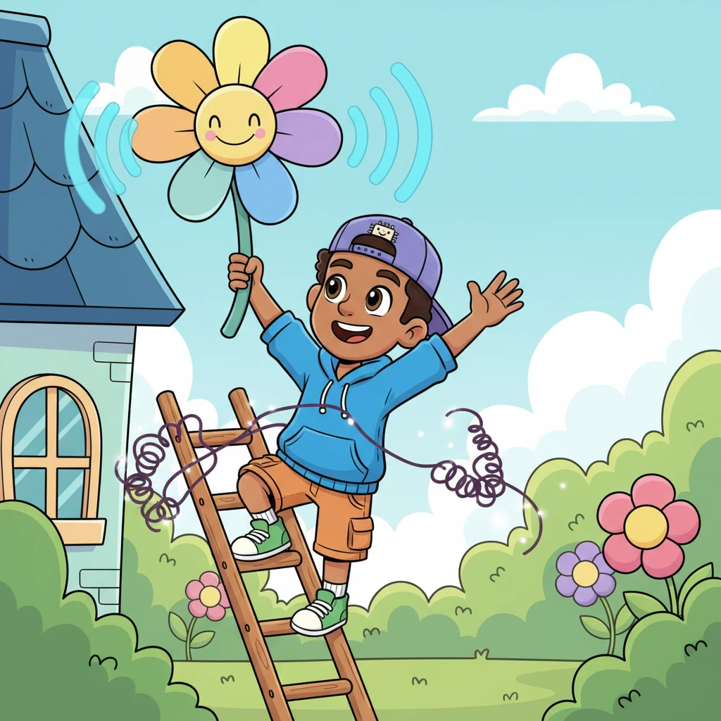 Circuit Sam arrived with a friendly wave, carrying a special antenna that looked like a giant, happy flower. He climbed a tiny, wobbly ladder with exaggerated ease, expertly untangling the invisible snarls and gently guiding the Wi-Fi signal into every corner of the house. His movements were fluid and confident.