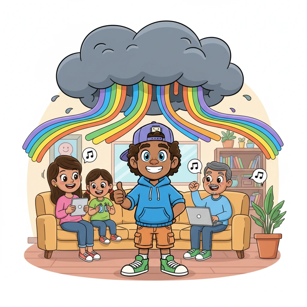 WHOOSH! The grumpy Wi-Fi cloud transformed into a rainbow of fast, flowing signals, connecting every device with a cheerful hum. The family cheered, streaming cartoons and video calls with big smiles. Sam gave a proud thumbs-up, his job done perfectly.
