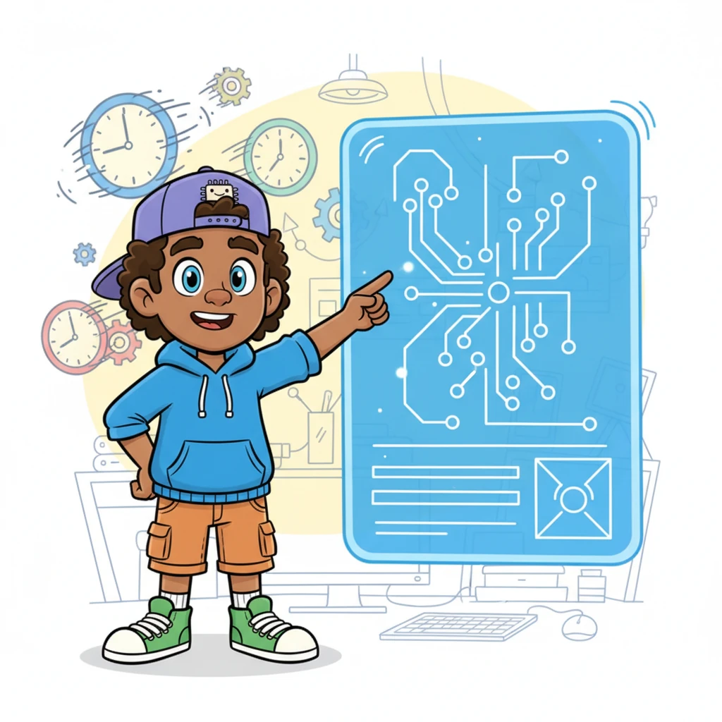 Sam then stood beside a giant, holographic blueprint of a computer, pointing to glowing circuits with a smart, knowing look. Clocks spun rapidly in the background, showing how quickly he understood and solved problems. He was not just fast; he was super smart too, a true tech wizard.