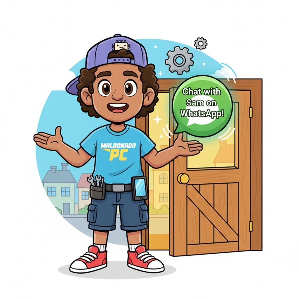Finally, Sam stood beaming next to a big, friendly button that glowed 'Chat with Sam on WhatsApp!' He invited everyone with a playful gesture, promising easy, trusted help for any tech trouble. His workshop door was always open, a beacon of technological cheer.