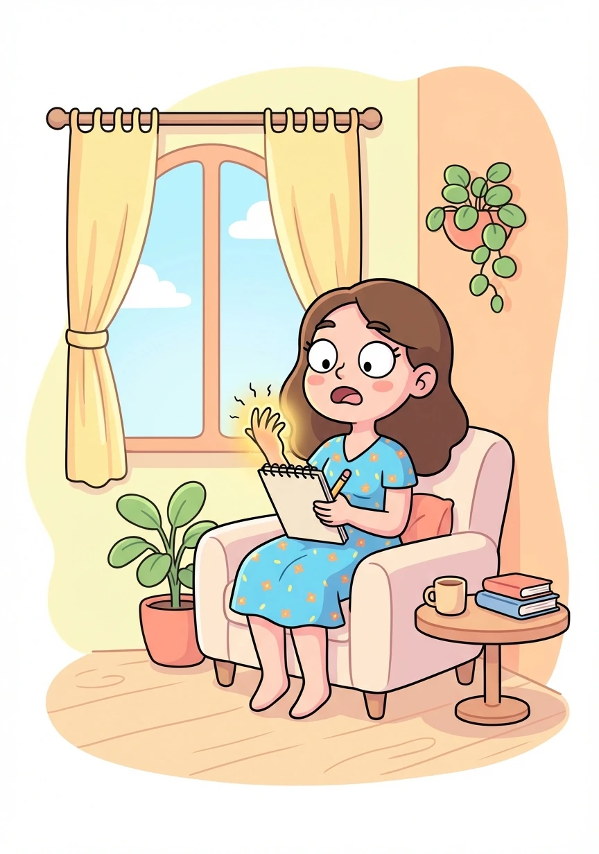 Lily, a young woman in her early twenties, is sketching in her sunlit apartment, wearing a stylish dress. Suddenly, she feels a strange tingling sensation.