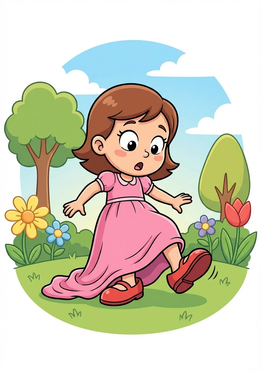 Lily stands up, realizing her dress is now noticeably too large, pooling around her feet. Her shoes feel enormous as she takes a tentative step.