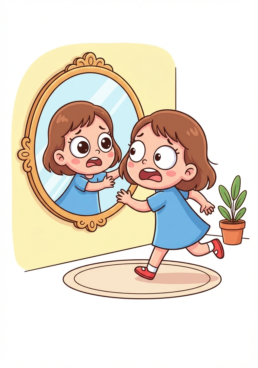 Panic sets in as she rushes to the mirror. Her reflection shows a younger version of herself, her face rounder, her eyes wider with alarm.