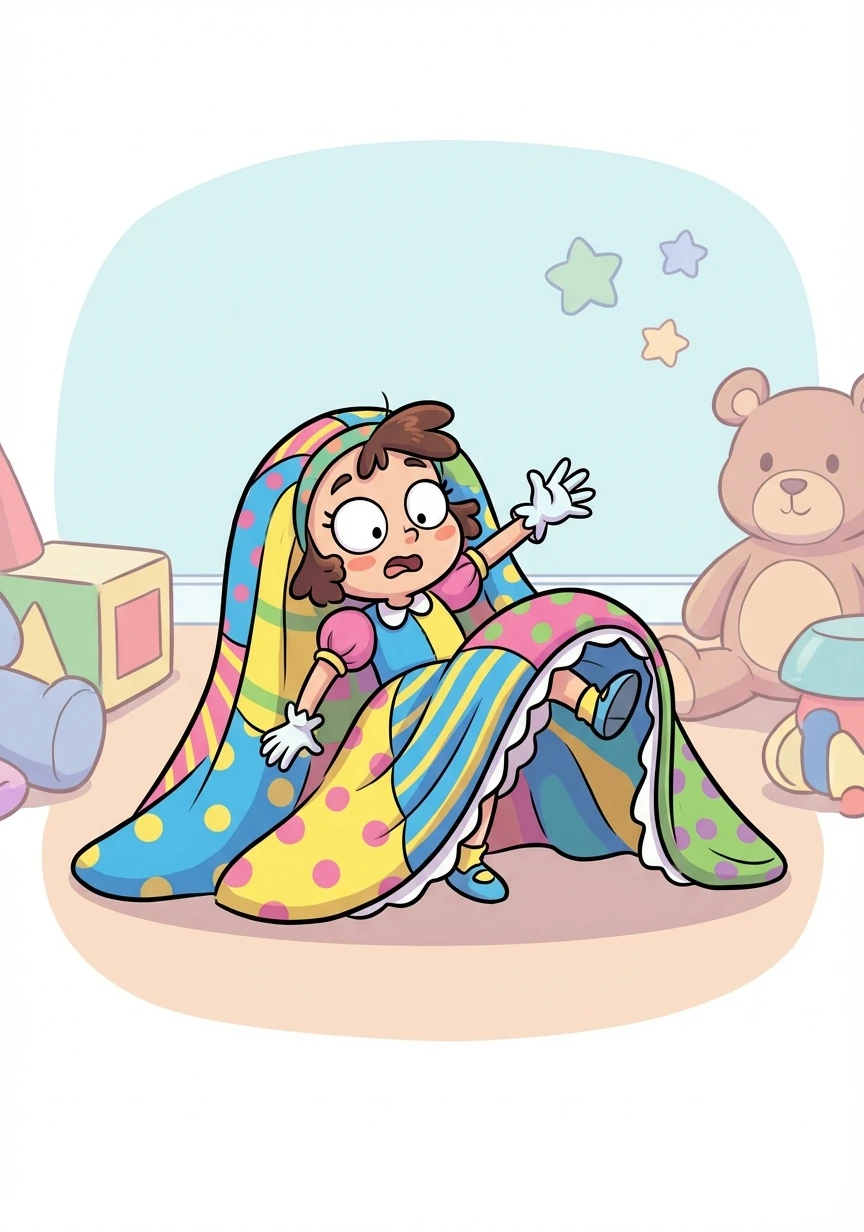 Now significantly smaller, Lily struggles to keep her balance in the oversized dress, which now resembles a massive tent. She trips and falls.