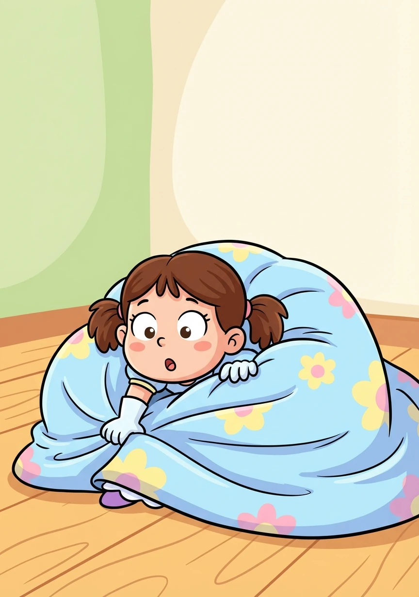 She's now the size of a small child, her dress completely engulfing her. Only her head and hands are visible as she tries to crawl out.