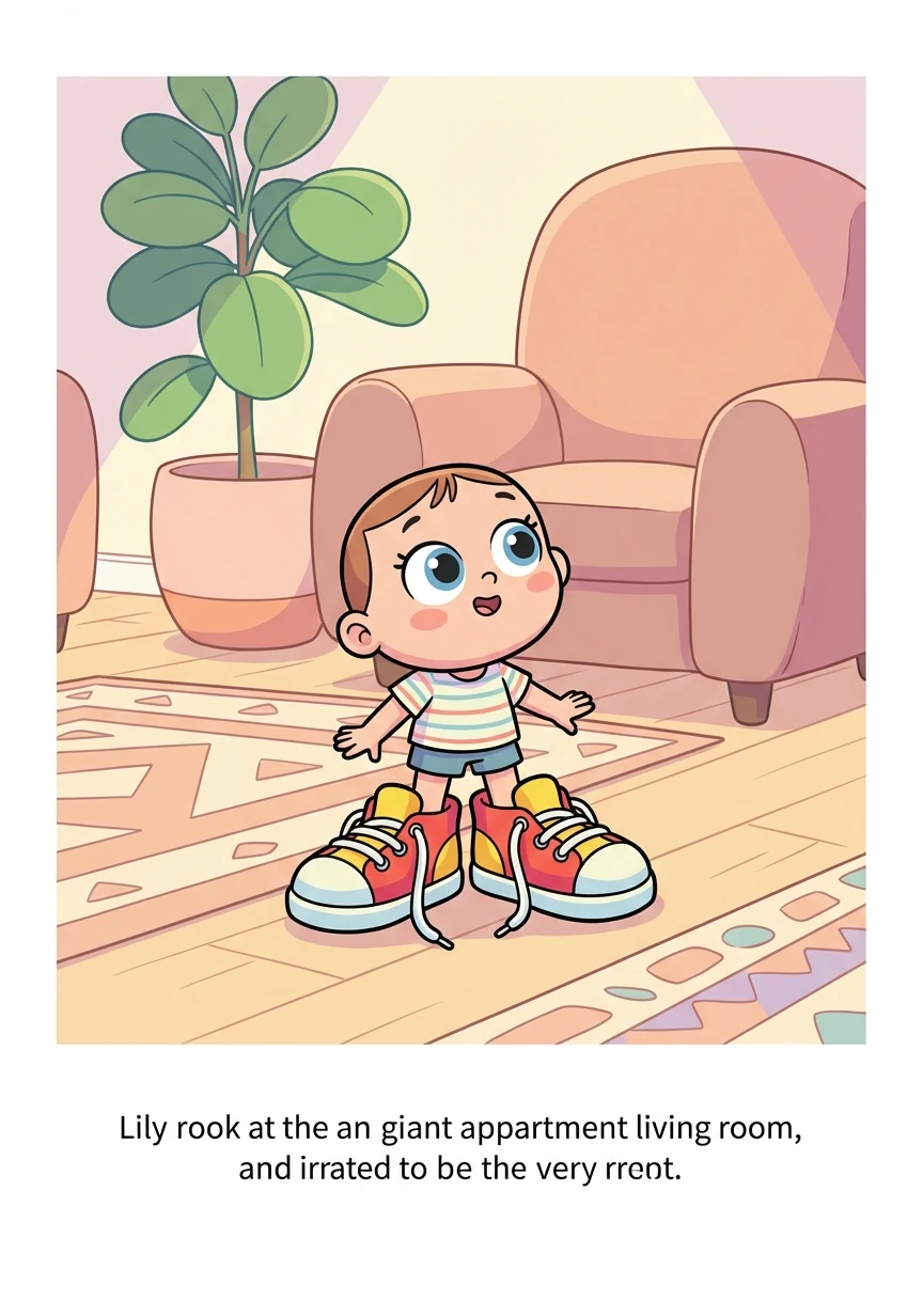 Finally free of the dress, Lily, now a little girl, stands in her oversized shoes, which are nearly as tall as she is. She looks around the giant apartment with wide, curious eyes.