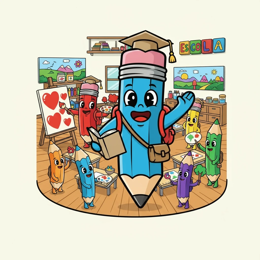 Na Escola dos Lápis Falantes, cada lápis tinha sua própria cor e personalidade. Lápis Azul, com seu azul vibrante, adorava desenhar o céu. Lápis Vermelho, com sua paixão, pintava corações. A escola era um arco-íris de alegria.