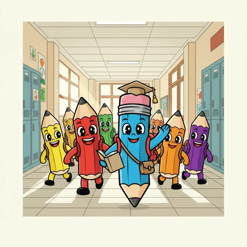 Lápis Azul e Lápis Vermelho decidiram investigar. Eles reuniram todos os lápis: Amarelo, Verde, Laranja e Roxo. Juntos, partiram em uma aventura pela escola.