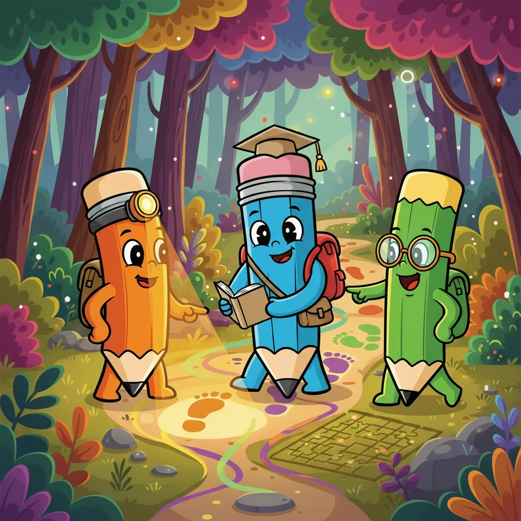 Eles seguiram pistas coloridas, encontrando enigmas e desafios. Cada lápis usou sua cor e talento para ajudar. Laranja iluminou o caminho, e Verde encontrou a solução.