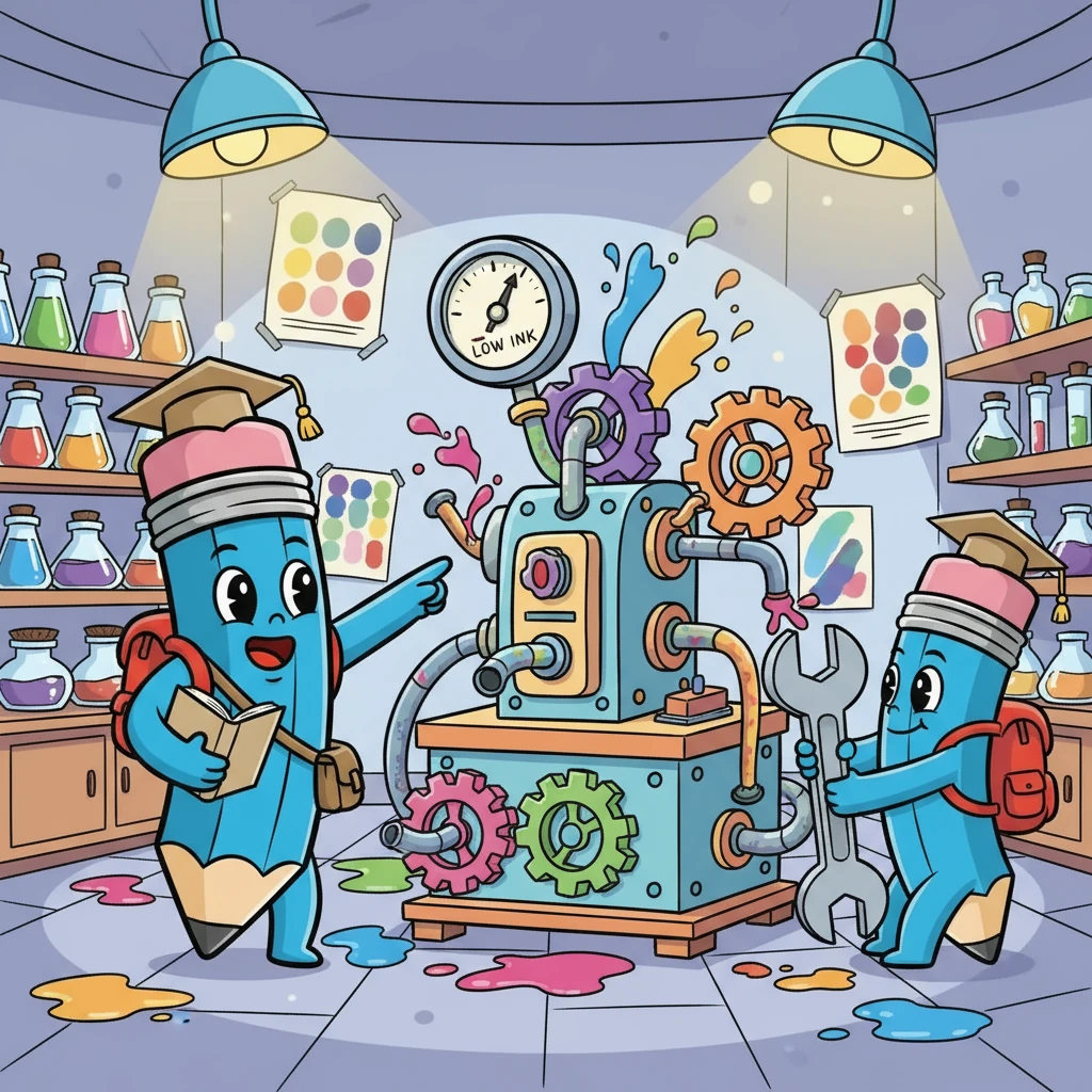 Finalmente, eles chegaram ao laboratório de tintas. Lá, descobriram uma máquina que precisava de ajuda para produzir mais tinta. Trabalhando juntos, eles consertaram a máquina.