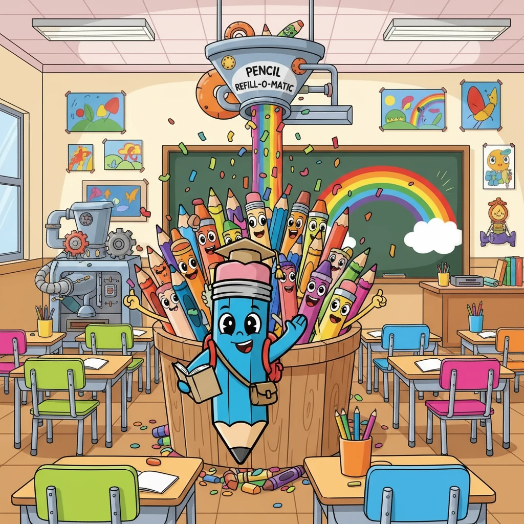 Com a máquina funcionando, o Pote de Lápis voltou a ficar cheio. Todos celebraram a amizade e a cooperação, aprendendo que juntos, podem resolver qualquer problema. A escola estava mais colorida do que nunca!