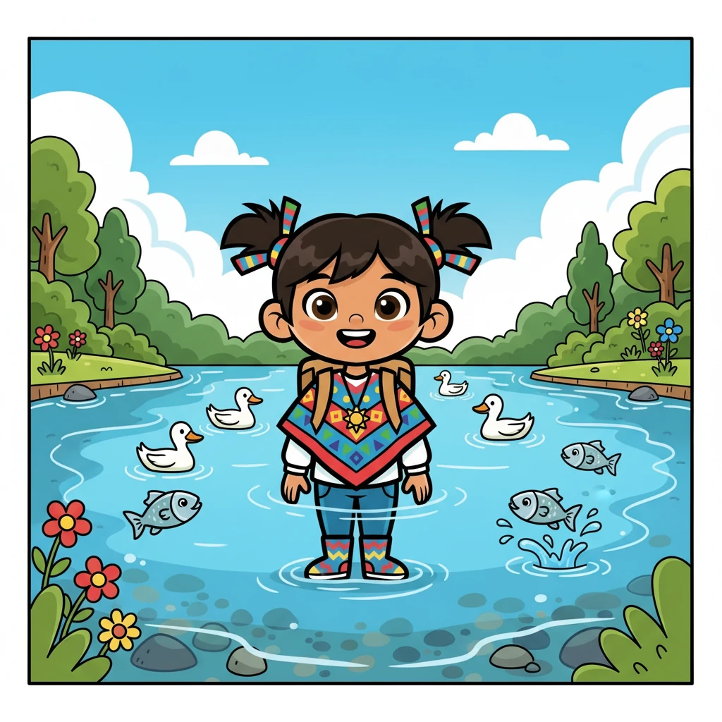 Continuando su viaje, Inti llegó a una laguna cristalina. Vio patos nadando y peces plateados saltando. El agua era tan clara que podía ver el fondo.