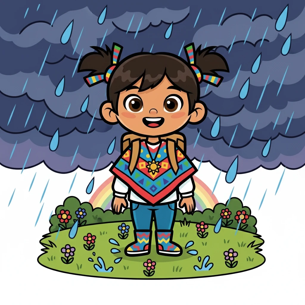 De repente, el clima cambió. Nubes oscuras cubrieron el sol y comenzó a llover. Inti, aunque pequeña, no se asustó. Sabía que la lluvia era necesaria para la vida.