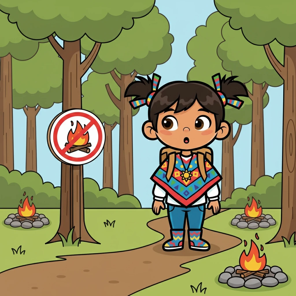 Inti descubrió que las fogatas estaban prohibidas. Vio una imagen que mostraba un círculo rojo tachando una llama, aprendiendo sobre la prevención de incendios.