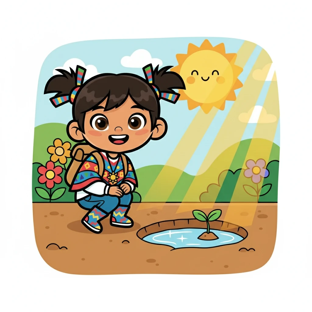 Finalmente, Inti encontró un lugar perfecto: un pequeño hueco en la tierra, con sol y agua. Decidió quedarse allí, lista para germinar y crecer.