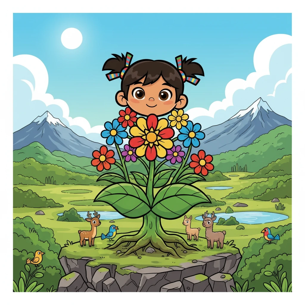 Inti, convertida en una hermosa planta, miraba el paisaje, ahora su hogar. Sabía que había aprendido mucho sobre el viaje, la naturaleza y la importancia de proteger el Parque Nacional Cajas.