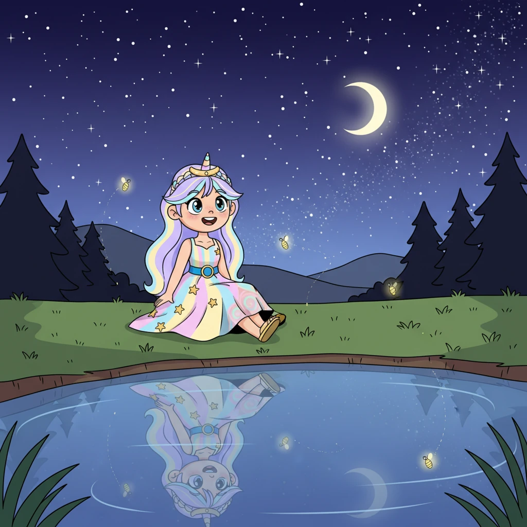 Una dolce e curiosa fanciulla di nome Celeste, che amava tutte le creature, sentiva questa mancanza. Una sera, sedette accanto a un limpido stagno, contemplando il cielo notturno puntellato di stelle infinite.