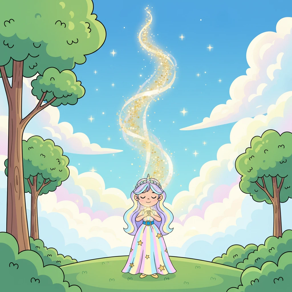 Con tutto il suo cuore, Celeste espresse un desiderio profondo: che nascesse una creatura capace di portare luce, purezza e speranza nel mondo. Il suo desiderio salì, superando gli alberi più alti e le nuvole.