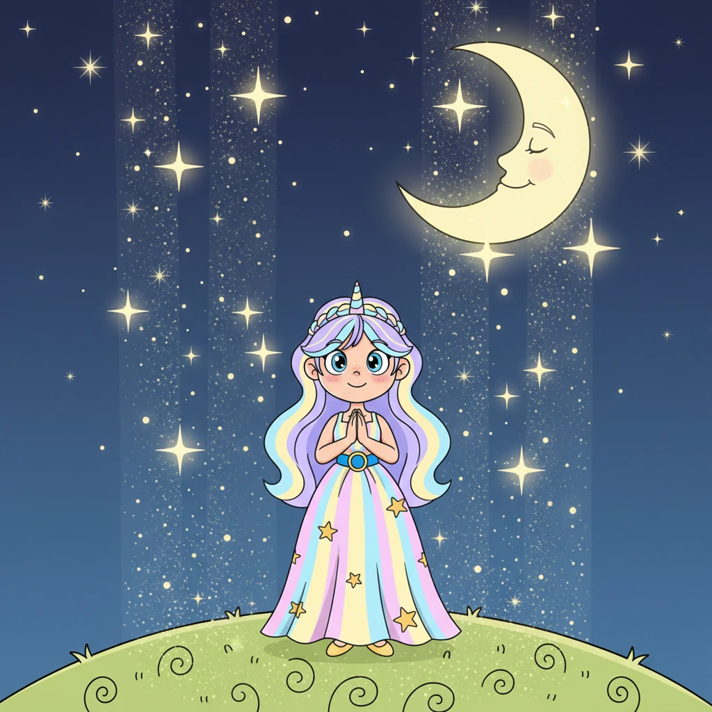 Le stelle e la luna, lassù nel cielo, ascoltarono attentamente la sua preghiera sincera. Le stelle iniziarono a brillare con una luce più intensa, inviando giù raggi scintillanti di polvere di stelle.