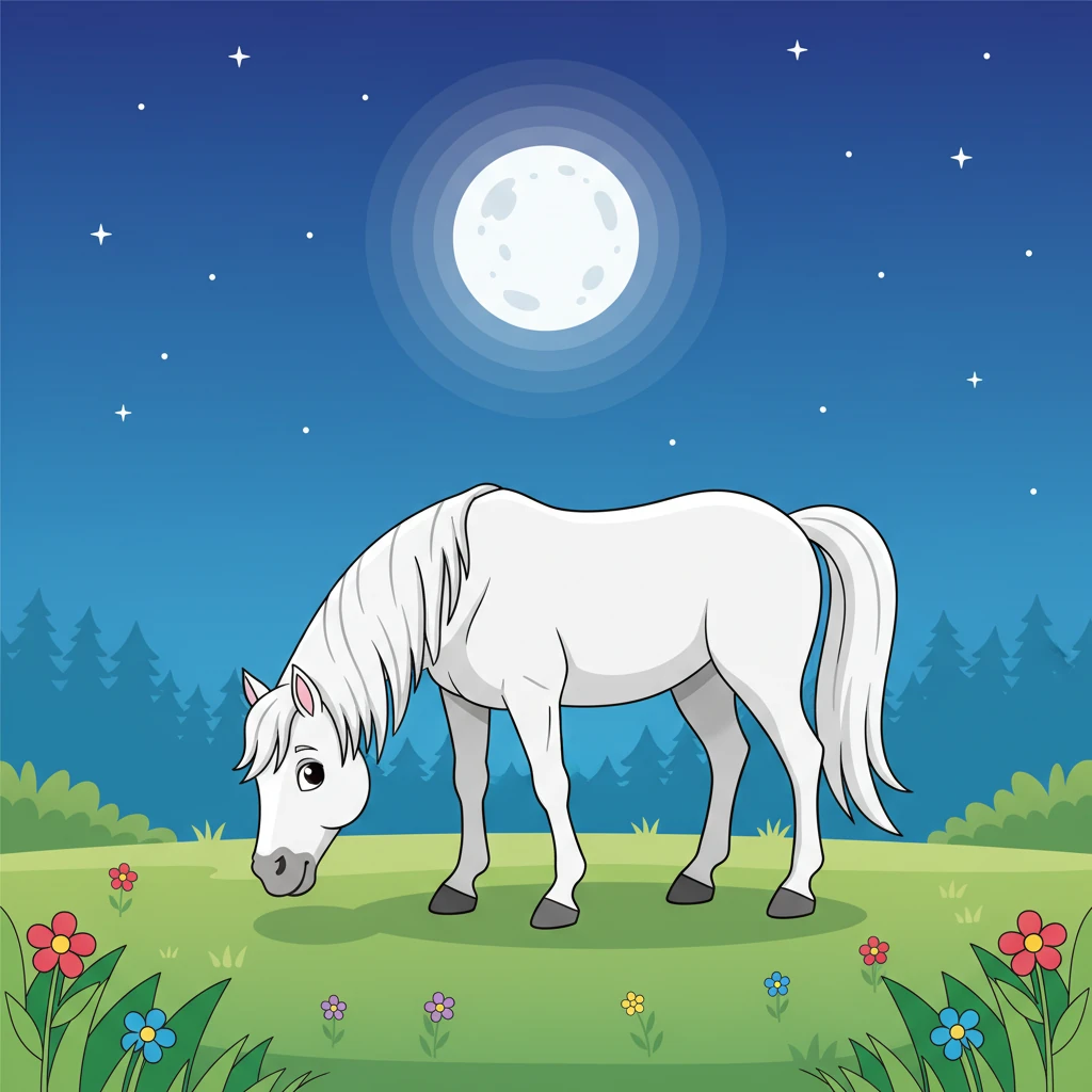 La luna, a sua volta, proiettò un bagliore morbido e argenteo che si mescolò alla luce stellare. Nel frattempo, in un prato tranquillo, un nobile cavallo selvaggio pascolava pacificamente, il suo manto bianco come la neve fresca.