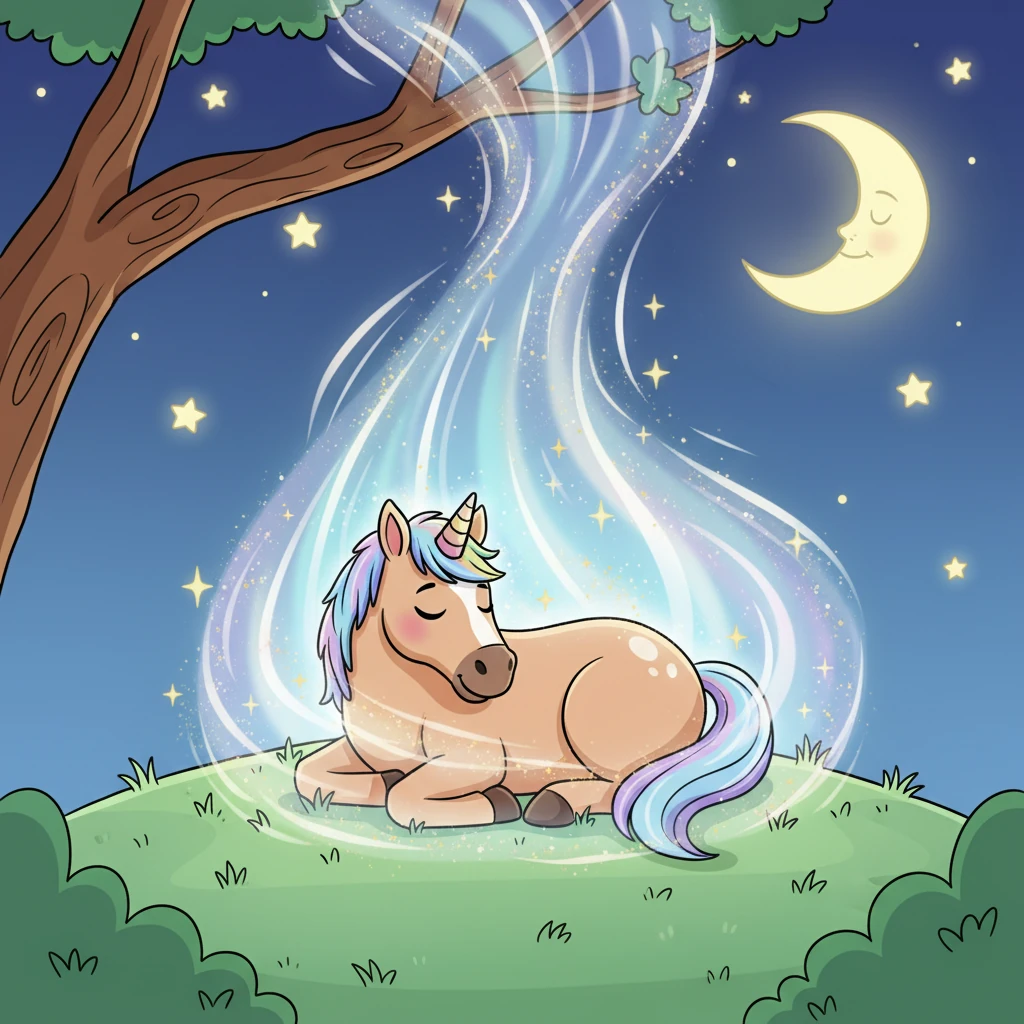 La polvere di stelle e la luce lunare scesero dolcemente, avvolgendo il cavallo addormentato in un vortice magico. Un'aura brillante lo circondò, trasformando la sua stessa essenza.