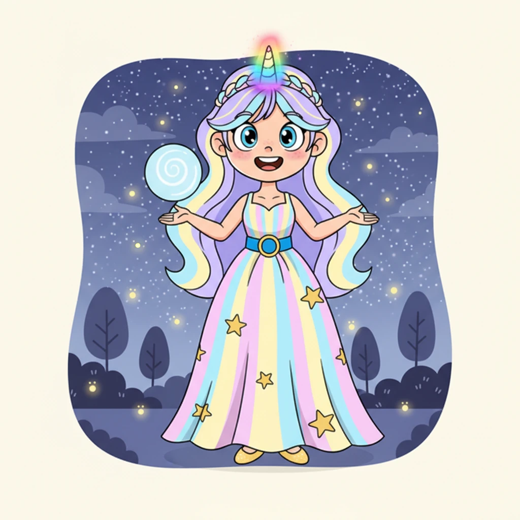 Lentamente, con grazia, un unico corno a spirale cominciò a crescere dalla sua fronte, iridescente con tutti i colori dell'arcobaleno. La sua criniera e la coda scintillavano come stelle tessute.