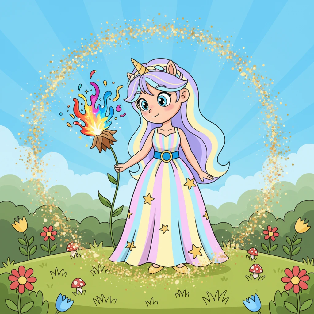 L'unicorno nitrì dolcemente, un suono come campanelli a vento, e toccò con il suo corno un fiore appassito, facendolo sbocciare all'istante con colori vivaci. Una magia pura e gioiosa si diffuse nell'aria.
