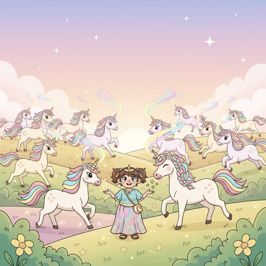 Da quel giorno in poi, gli unicorni vagarono per la terra, guardiani di purezza e speranza, la loro magia un dono dal desiderio di Celeste e dalle stelle. Ricordarono a tutti la gentilezza e il potere dei buoni sogni.