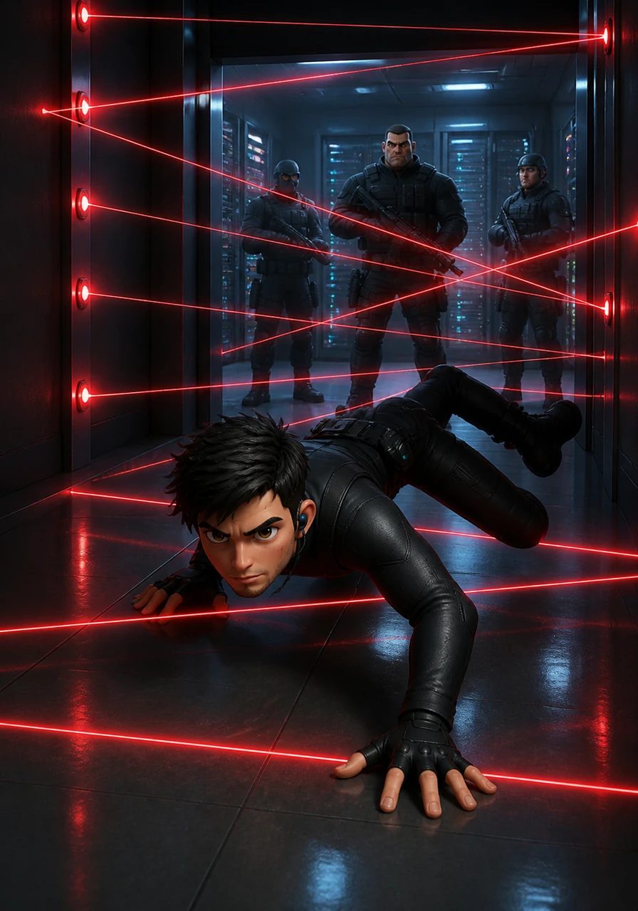 Ai u përball me një rrjet rrezesh lazer vdekjeprurëse që mbronin hyrjen e dhomës së serverit qendror, duke treguar një shkathtësi të jashtëzakonshme akrobatike. Çdo lëvizje e tij duhej të ishte precize deri në milimetër, pasi një gabim i vogël do të aktivizonte mbrojtjen automatike të ndërtesës dhe do të dështonte misionin.