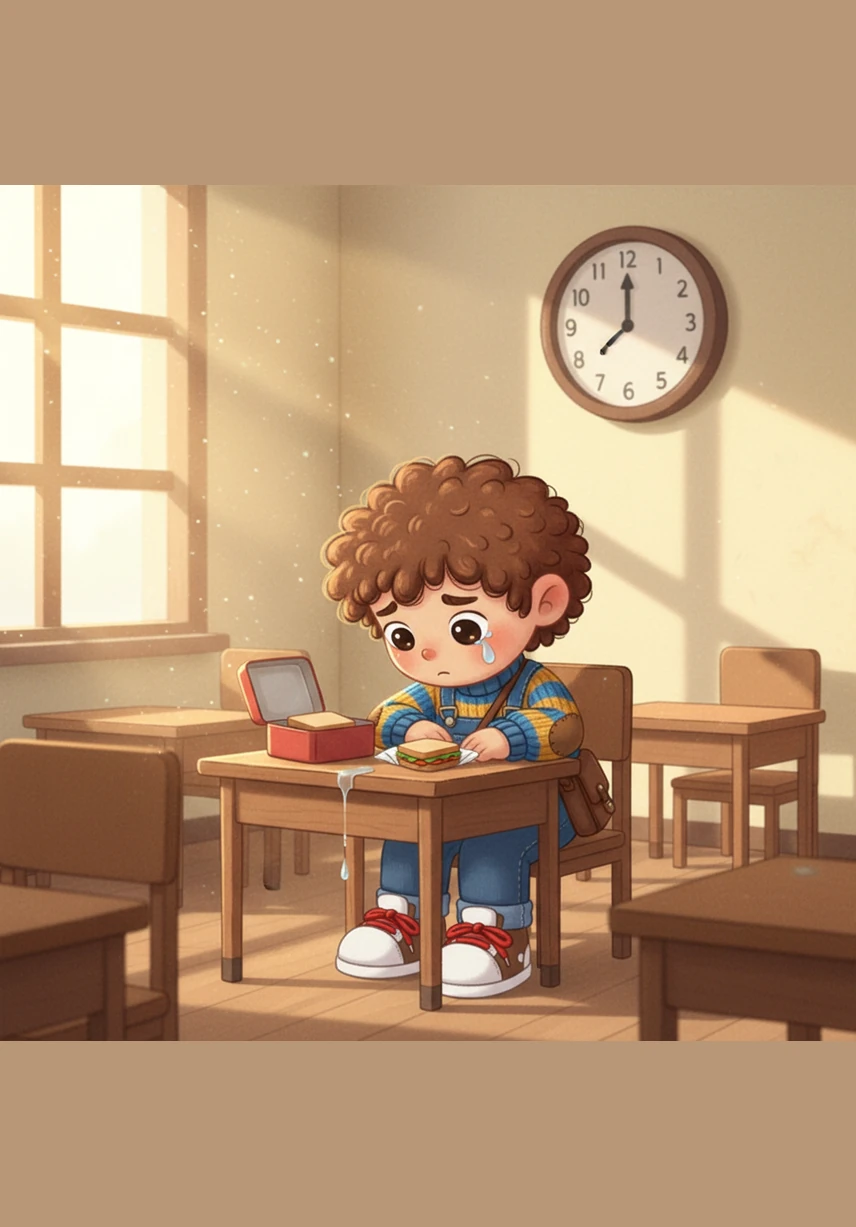 The clock strikes noon and it is time for lunch. Sam reaches into his backpack to grab his blue lunchbox. His hands find nothing but his notebook and folders.