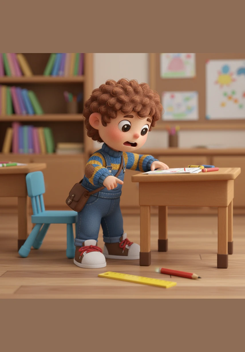 Sam looks all around his desk and under his chair. He finds a yellow ruler and a red pencil. He cannot find his blue lunchbox anywhere.