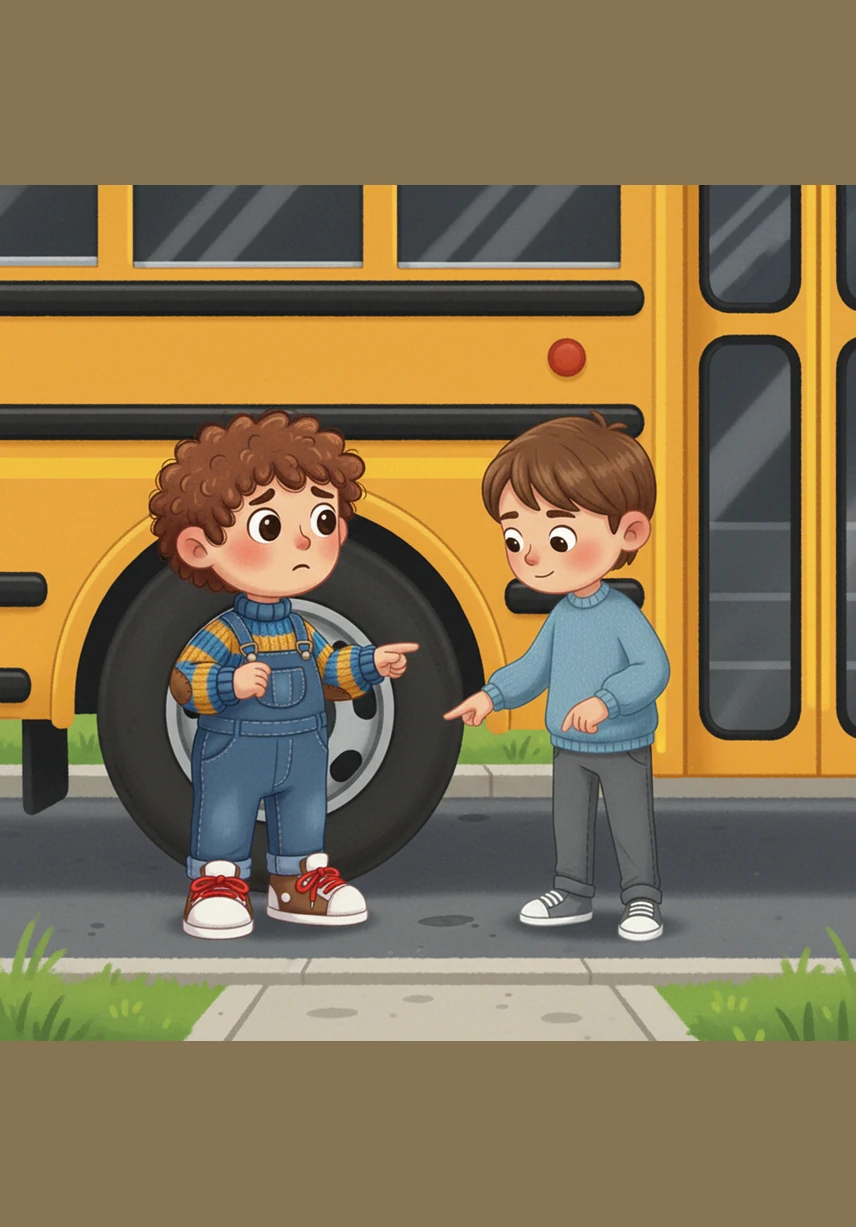 Sam asks his friend Leo if he saw the lunchbox. Leo says he saw something blue on the ground by the school bus. Sam starts to think about where he walked this morning.