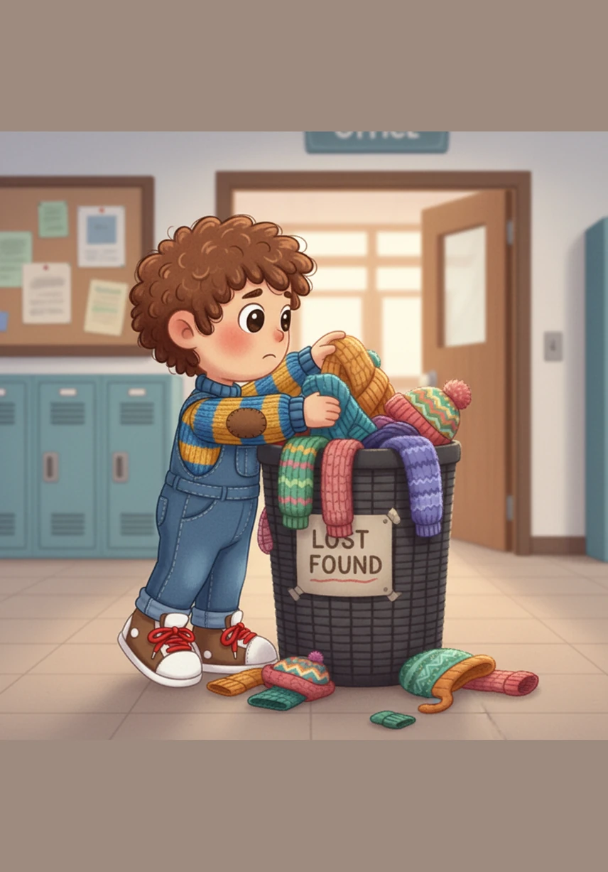 Sam goes to the tall Lost and Found bin near the office. He digs through soft sweaters and fuzzy hats. His lunchbox is not in the bin.