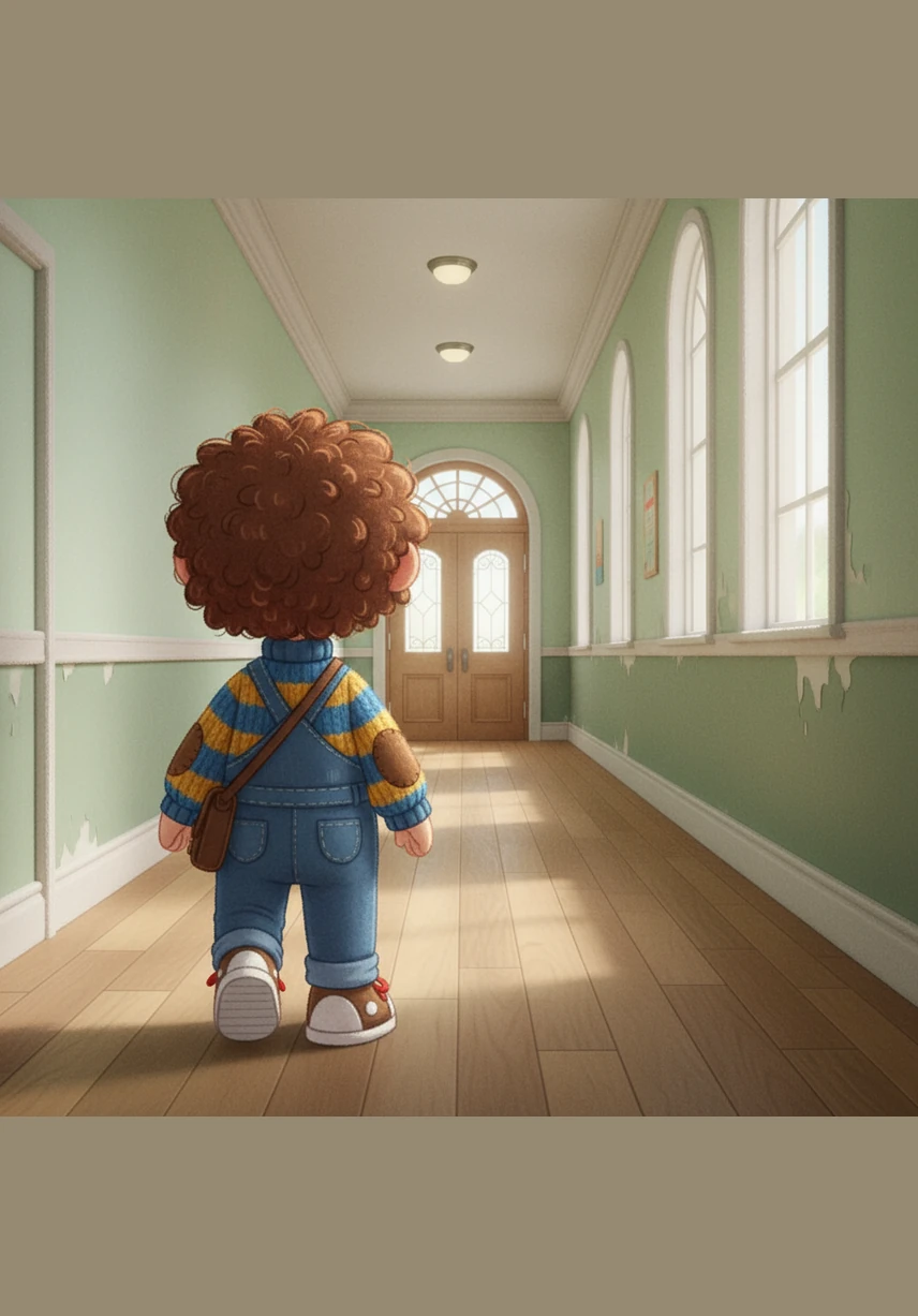 Sam walks back down the long hallway toward the exit. He looks down and sees a tiny trail of cracker crumbs on the floor. He follows the crumbs to the big front doors.