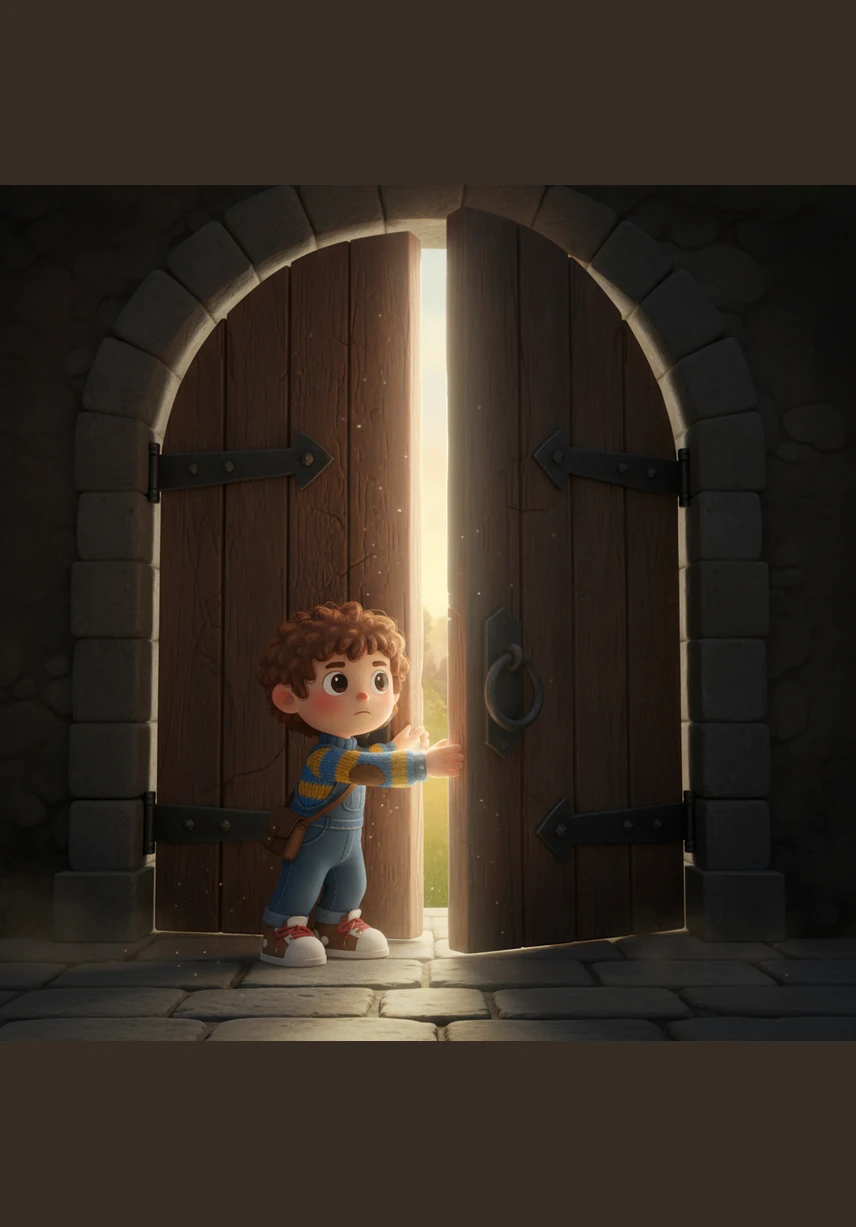 Sam pushes the heavy doors open and steps outside into the sun. He looks at the sidewalk where the bus dropped him off. He sees a blue shape near the green grass.