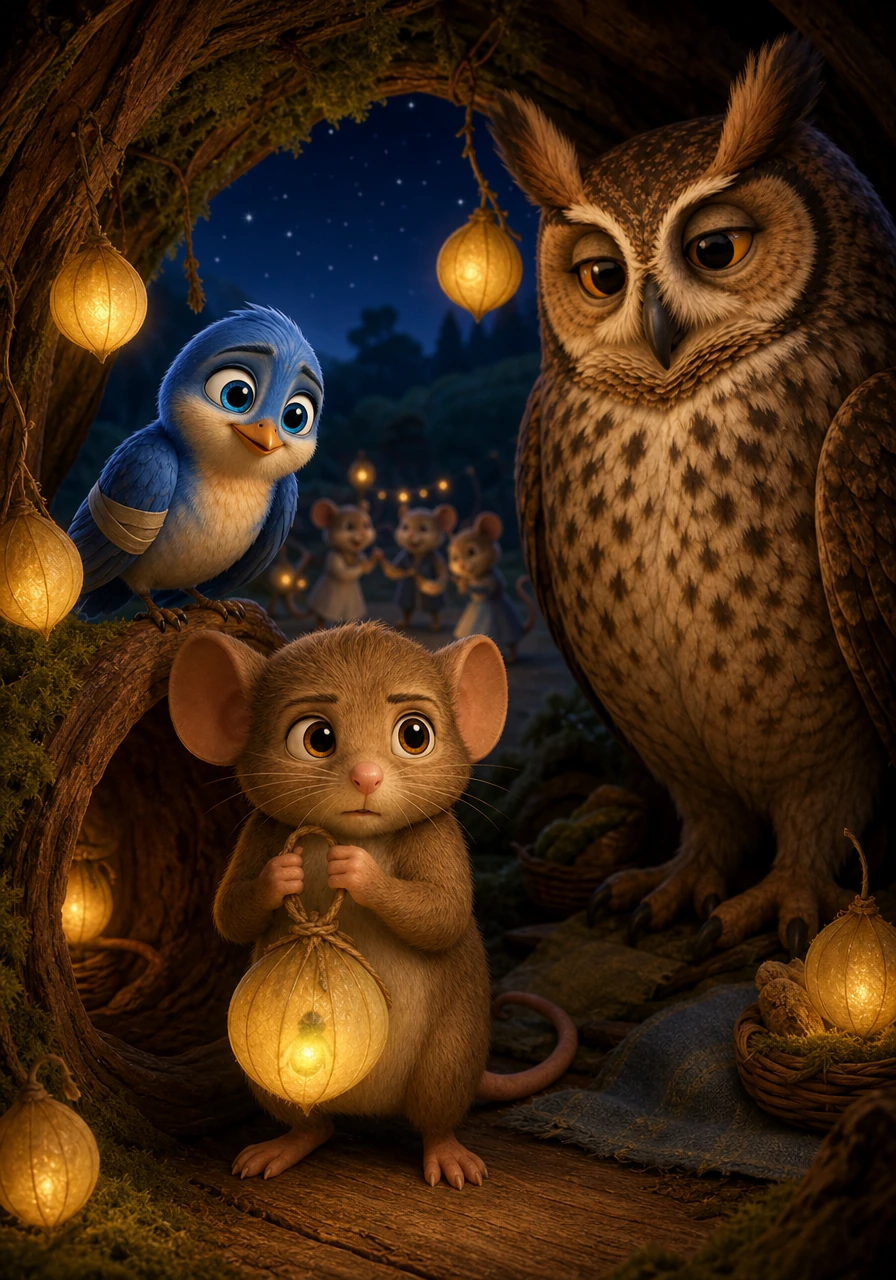 Bramble was a tiny field mouse with large, round ears and a heart that trembled whenever the sun went down. While the other mice danced under the stars, Bramble preferred the cozy, bright safety of his hollow-log home, surrounded by glowing lantern berries.