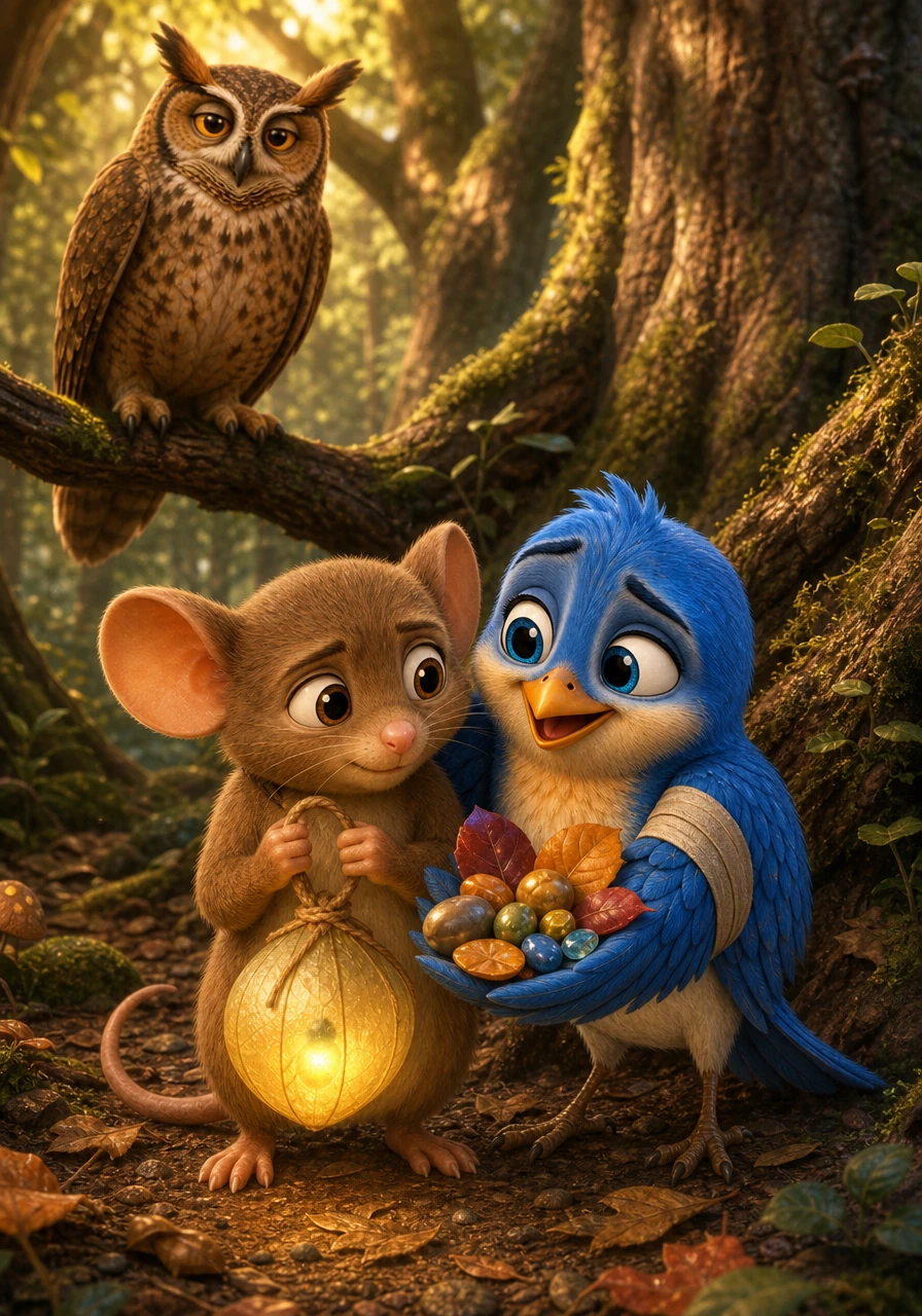 His best friend was Pippin, a cheerful and adventurous bluebird who loved exploring the highest branches and deepest crevices of the Whispering Woods. Pippin always brought Bramble beautiful treasures from his travels, like shiny pebbles and smooth, colorful autumn leaves.