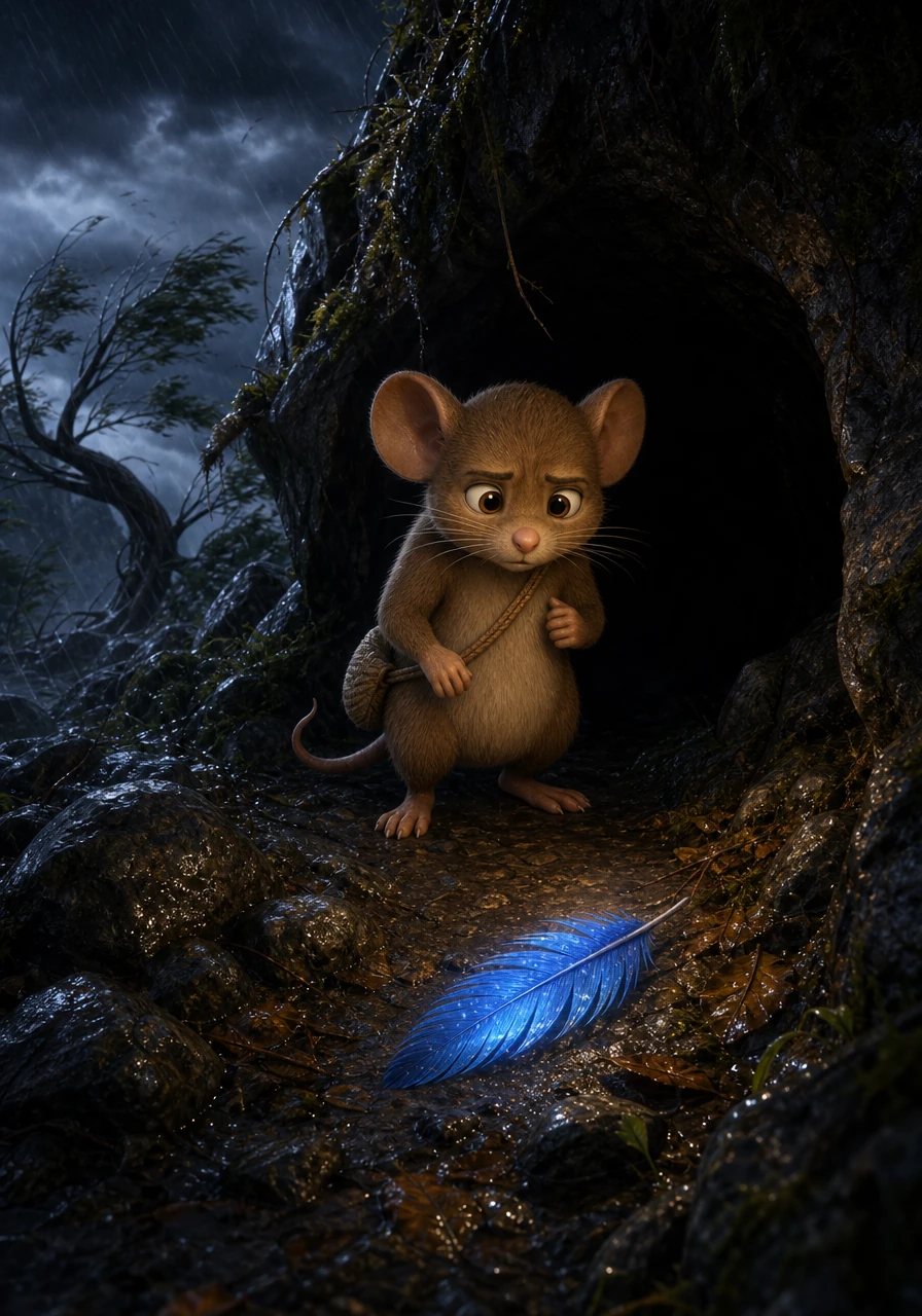One stormy afternoon, a fierce gust of wind swept through the forest, blowing Pippin off course and trapping him deep inside the Echoing Cave. When night fell and Pippin did not return, Bramble found a stray blue feather near the cavern's yawning, pitch-black entrance.