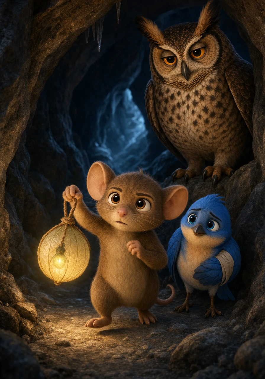 Taking a deep breath, Bramble picked up a small, dried twig and caught a glowing firefly inside a translucent seed pod to make a tiny lantern. With his heart pounding like a drum, he took his first brave step across the threshold into the chilly, dark cavern.