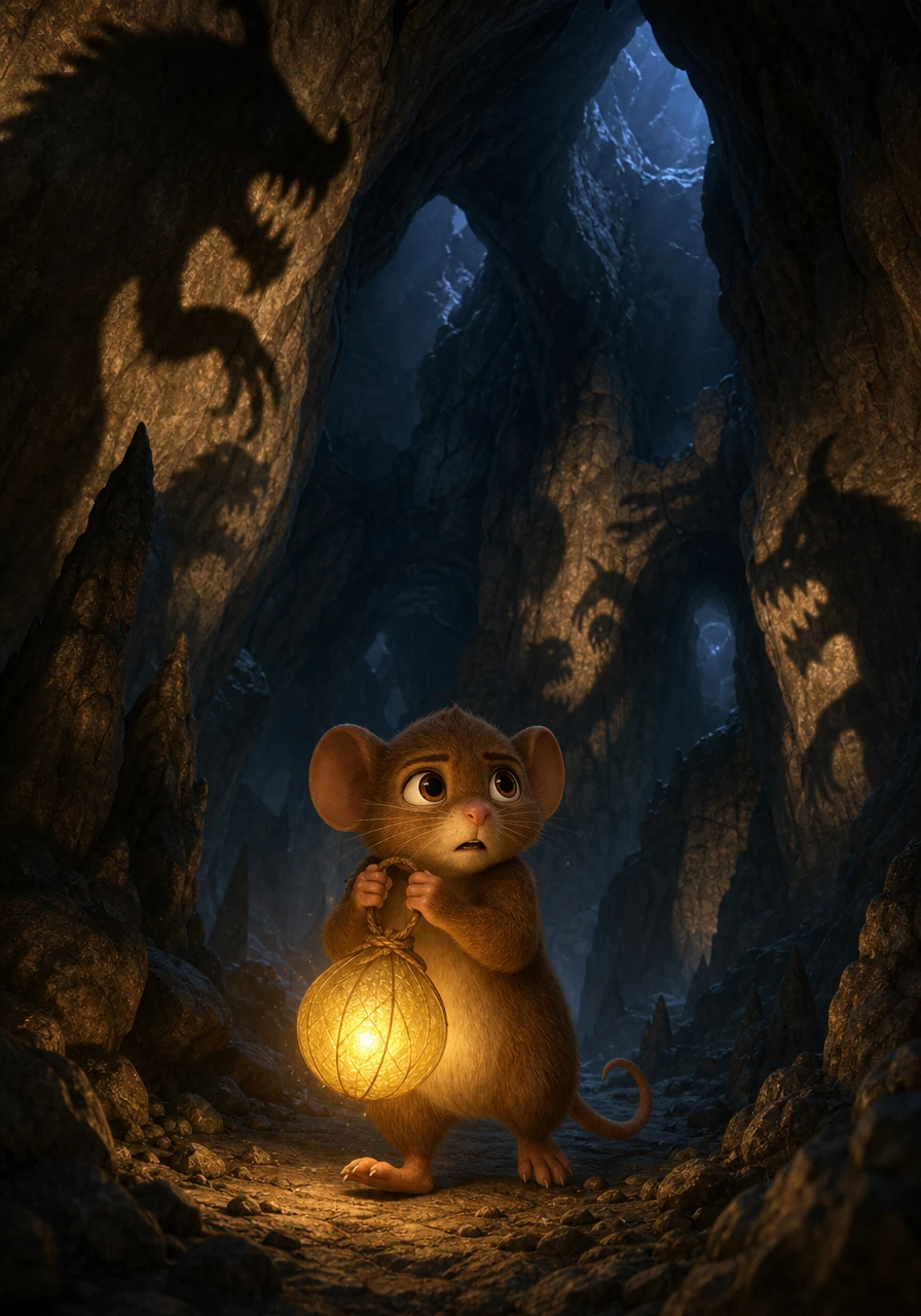 The cave was filled with strange, booming echoes and long, dancing shadows that looked like monsters on the jagged stone walls. Bramble hugged his little lantern close, whispering Pippin's name into the gloom as he crept deeper into the labyrinth.