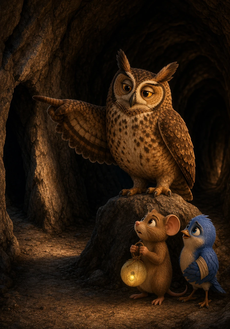 Suddenly, a flutter of heavy wings startled Bramble, and a large, wise old owl landed on a rock right in front of him. Instead of swooping down, the owl blinked kindly, impressed by the little mouse's bravery, and pointed its wing toward a narrow tunnel on the left.
