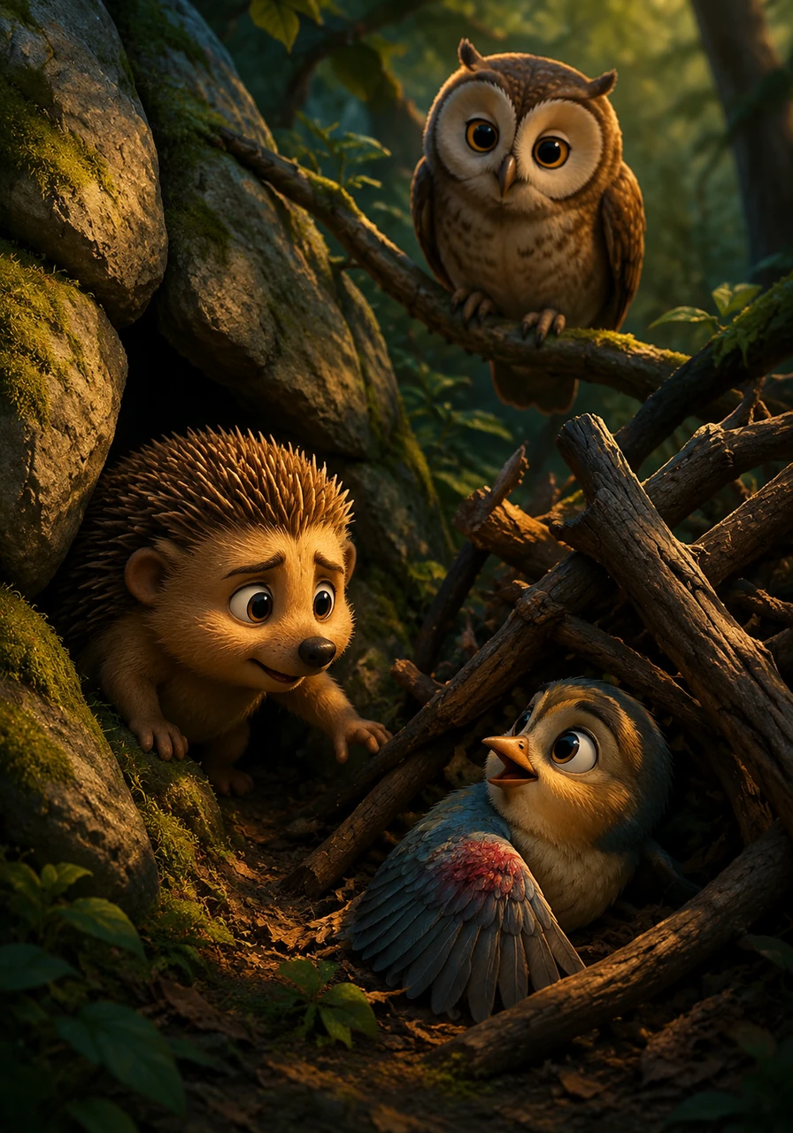 Following the owl's guidance, Bramble squeezed through the narrow passage until he heard a faint, familiar chirping sound. Guided by the sound, he found Pippin trapped beneath a pile of fallen branches, his wing slightly hurt but his eyes bright with relief.