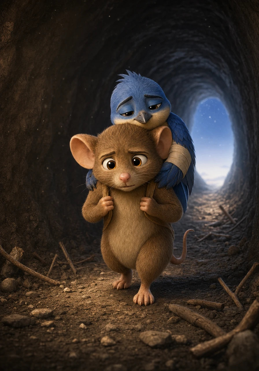 Using all his strength, Bramble lifted the heavy twigs one by one until Pippin was finally free from the debris. Pippin hopped onto Bramble's back, leaning against his soft fur as the tiny mouse carefully guided them both back toward the distant, starlit exit.