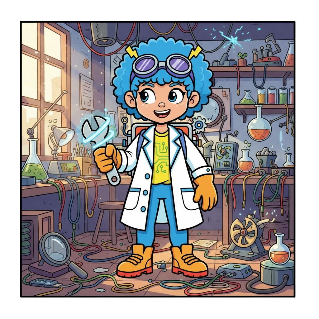 Electra, a bright-eyed girl with a shock of purple hair, loved science more than anything. Her lab was filled with wires, batteries, and curious contraptions. One sunny morning, she decided to understand the magic of electricity.