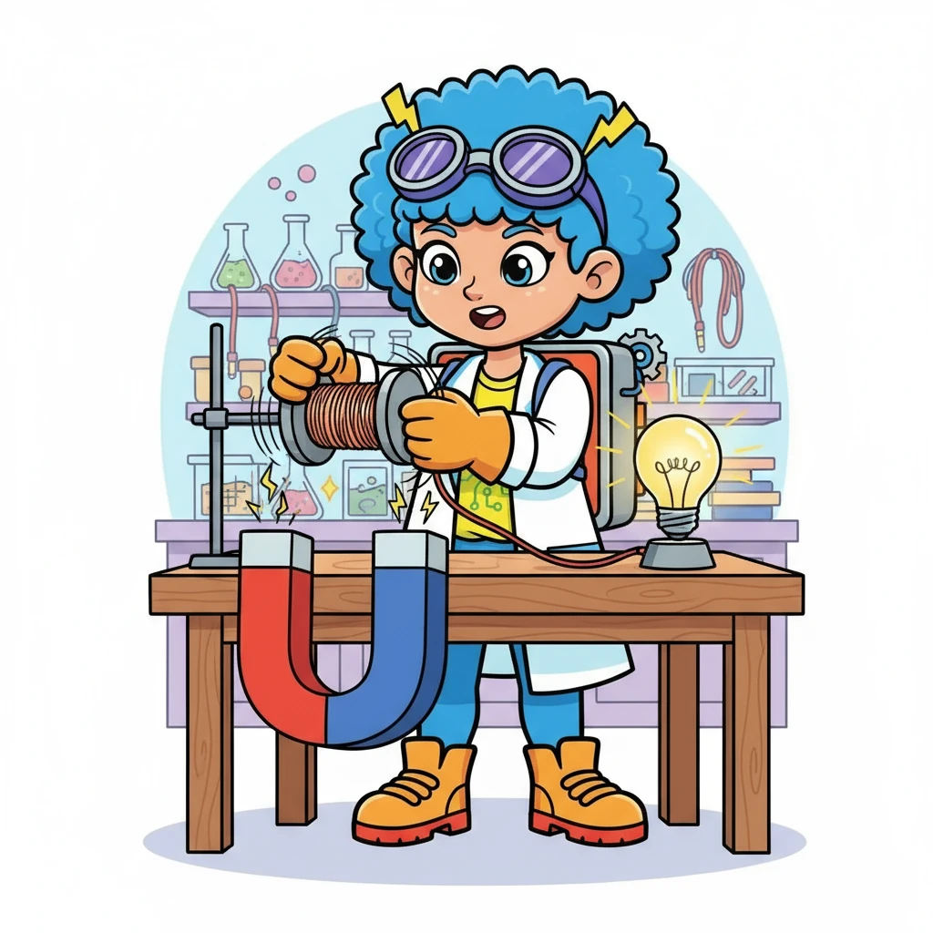 Next, Electra experimented with magnets. She discovered that magnets could create electricity! She spun a coil of wire near a powerful magnet, and a small lightbulb flickered, showing her the connection between magnetism and electricity.