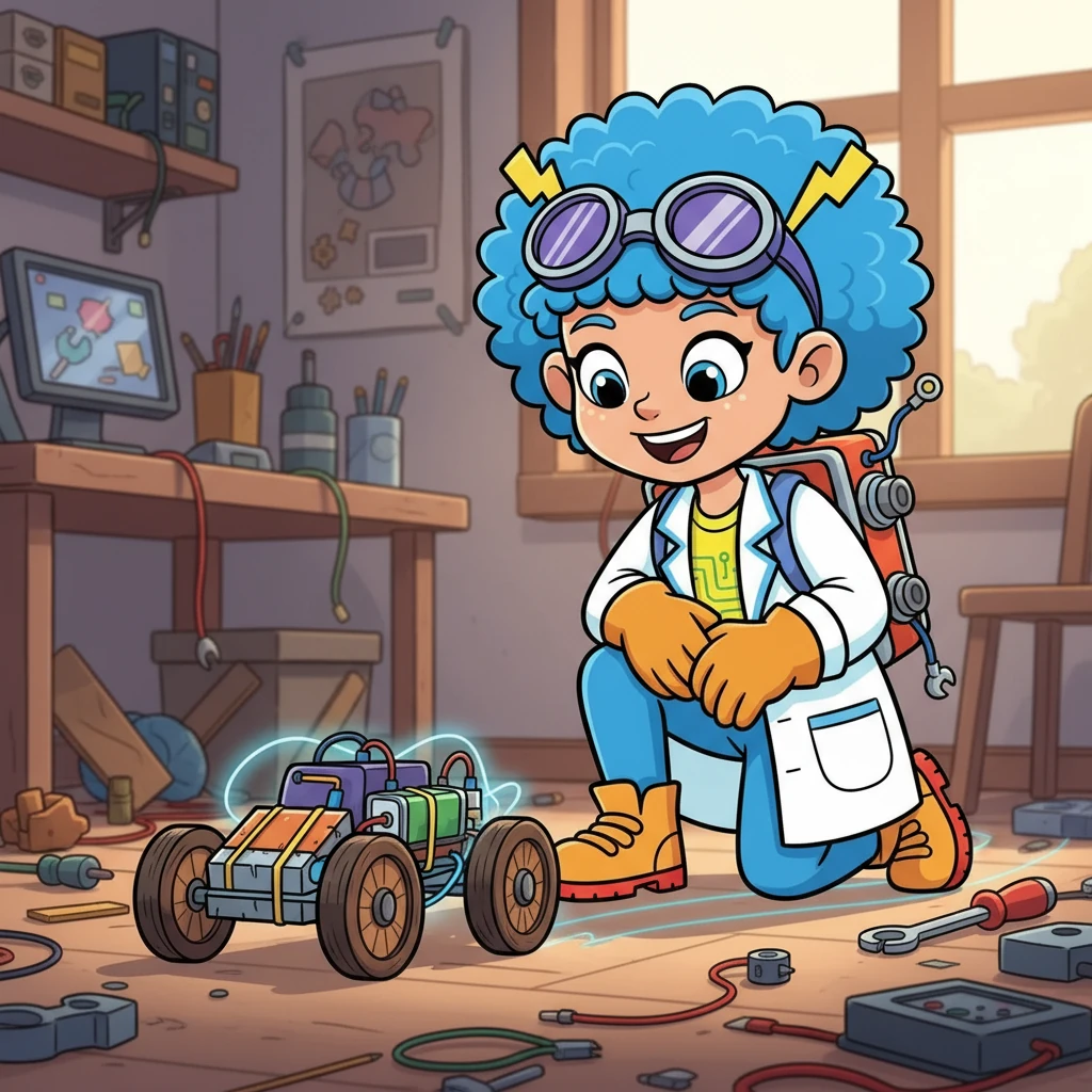 Electra decided to build a simple electric car. She used a battery, a motor, and some wheels. Slowly, the car started to move, powered by the electricity she had carefully harnessed. She smiled, proud of her creation.