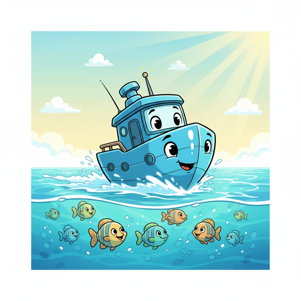 Captain Aqua, a bright blue robot boat with a big, friendly smile, zipped playfully across the crystal-clear ocean waves. His shiny hull reflected the warm sunshine, and little fish swam happily around him, enjoying the pristine water. He loved exploring the vast, beautiful sea, always ready for a new adventure.