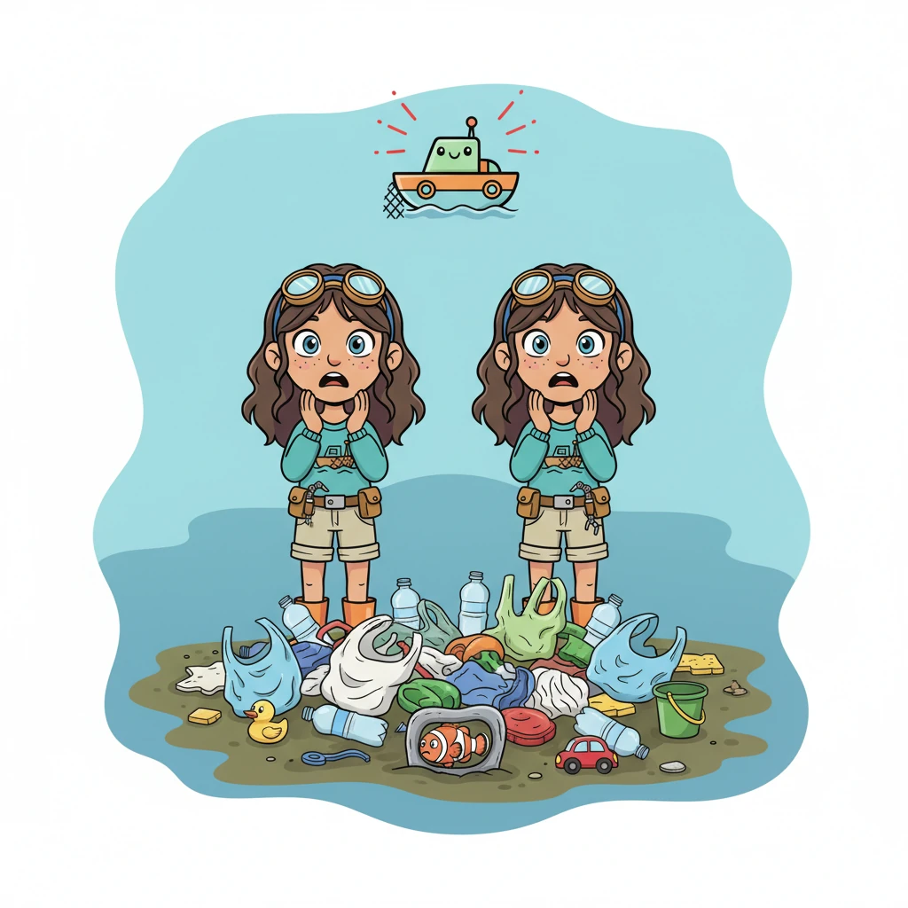 Suddenly, Captain Aqua's cheerful sensors blinked with alarm! Ahead, a murky patch of tangled plastic bottles, bags, and forgotten toys floated sadly on the surface. Nearby, a worried little clownfish peeked out from a dull, gray plastic ring, its vibrant colors dimmed by the pollution.
