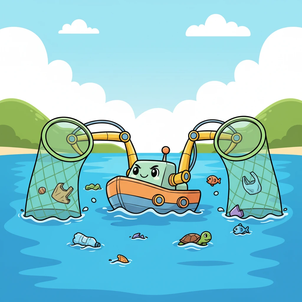 With a determined whir, Captain Aqua extended his two long, gentle arms, like friendly mechanical tentacles. These special arms, equipped with soft nets, carefully began to scoop up the floating plastic pieces, ensuring no marine creatures were disturbed. His expressive eyes showed his concentration as he worked.
