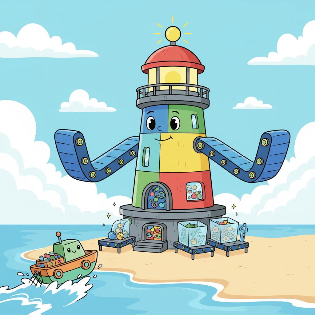 Once his compartments were full, Captain Aqua zoomed towards the shore, where a towering, friendly recycling station waited with open arms. The station, shaped like a giant, smiling lighthouse, welcomed him with a bright, blinking light. It was a bustling hub where waste transformed into wonder.